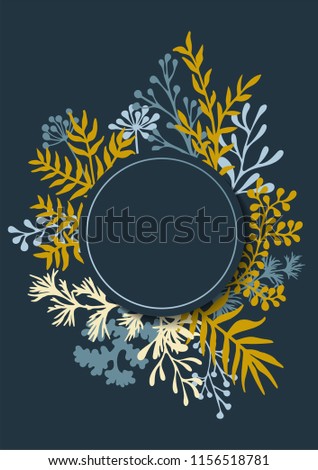 Rustic vintage bouquets with fern fronds, parsley, mistletoe twigs, willow, palm branches in gold greyish blue. Vector card with herbal twigs and branches wreath border, circle frame.