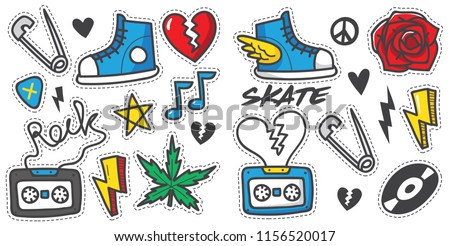 Vintage 80s-90s Rock And Roll Fashion Cartoon Illustration Set Suitable for Badges, Pins, Sticker, Patches, Fabric, Denim, Embroidery.
Cartoon punk doodle set.