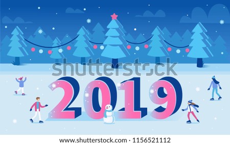 Happy 2019 new year winter season concept. Christmas holiday card. Flat style vector illustration.