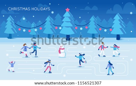 People skating on ice rink in winter season. Christmas holiday card. Flat style vector illustration.