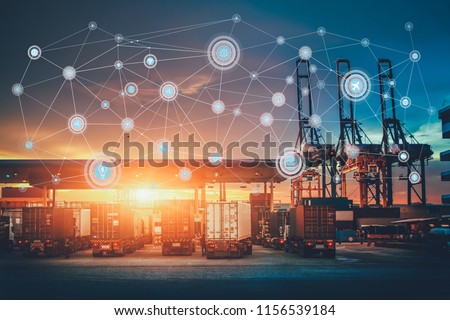 Business Logistics concept, Global network coverage world map,Truck with Industrial Container Cargo for Logistic Import Export at yard Royalty-Free Stock Photo #1156539184