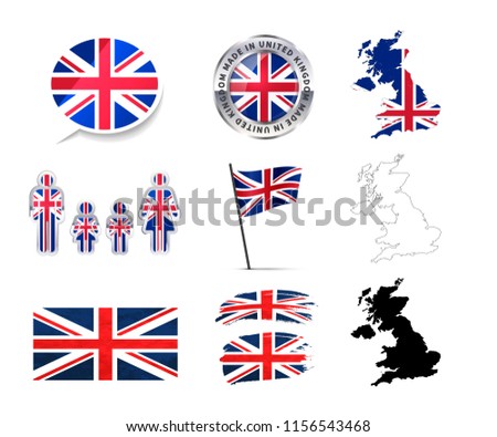 Large set of United Kingdom infographics elements with flags, maps and badges isolated on white