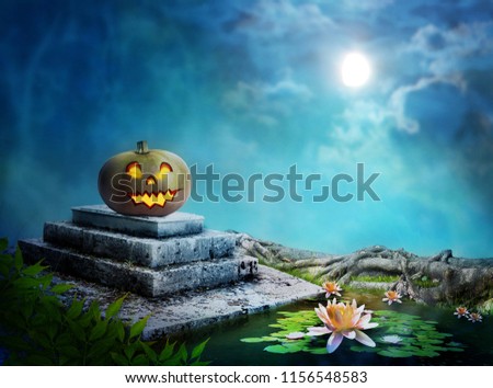 Laughing pumpkin on Halloween night on the tombstone in front of a pond with lilies