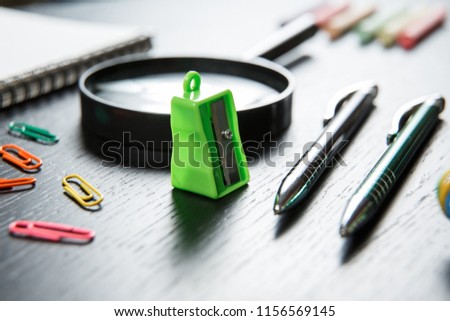 Back to school concept. School and office supplies on office table. Male or boyish still life on the topic of school, study, office work.