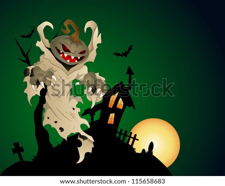 Halloween Haunted House Background With Pumpkin Head Ghost