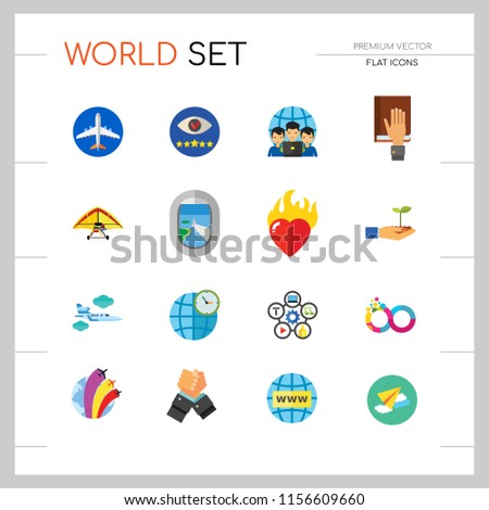 World Icon Set. Fairy Tales Infinity Sign Burning Heart Air Show Plane Window Hand Holding Plant Internet World Time Oath Struggle Virtual Team Quality Management