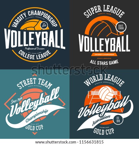 Set of t-shirt logo designs for volleyball players. Sport signs for club or center advertising or university, college teams. Clothing and branding, fashion and team ball games theme