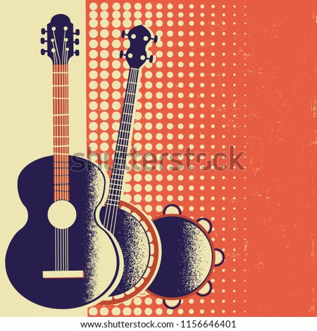 Retro Music poster background with musical instruments on old paper for text