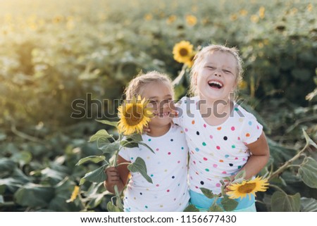 Young positive colorful girls having fun together playing in a field of sunflowers