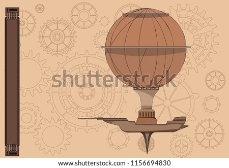 mechanical vintage metal steampunk vector airship frame sign, poster illustration of rusty grunge collage, cogs, dark elements, wheels and gears
