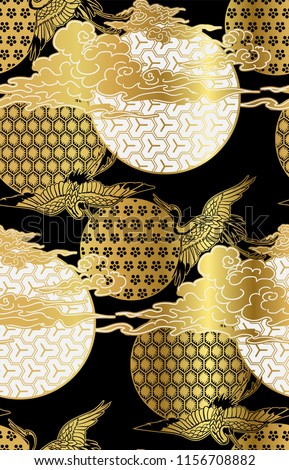 black and gold crane birds sky cloud japanese chinese vector design pattern Royalty-Free Stock Photo #1156708882
