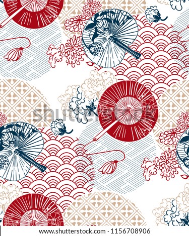 red blue fans flower japanese chinese vector design pattern Royalty-Free Stock Photo #1156708906