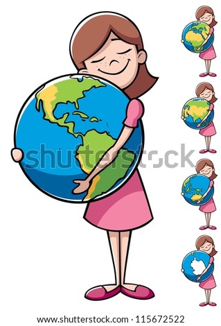 Child and Earth: Little girl hugging the Earth over white background. On the right are 4 more versions, differing by the shown part of the Earth.