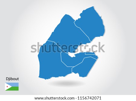 djibout map design with 3D style. Blue djibout map and National flag. Simple vector map with contour, shape, outline, on white.