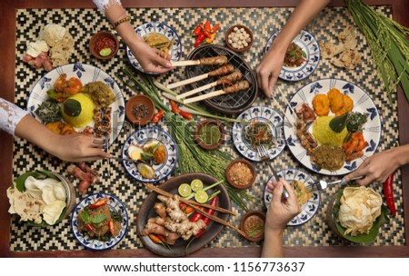 Many different indonesian food dishes. Various indonesian bali food Royalty-Free Stock Photo #1156773637