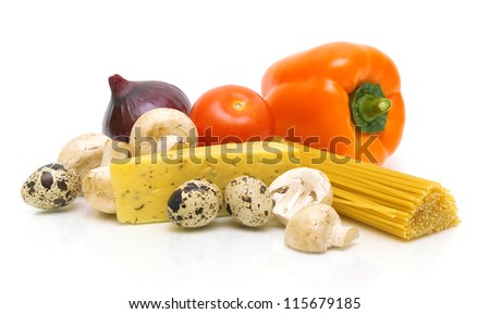 cheese, mushrooms, spaghetti and fresh vegetables isolated on white background