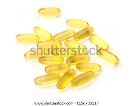 Cod liver oil omega 3 gel capsules isolated on white background.(selective focus)