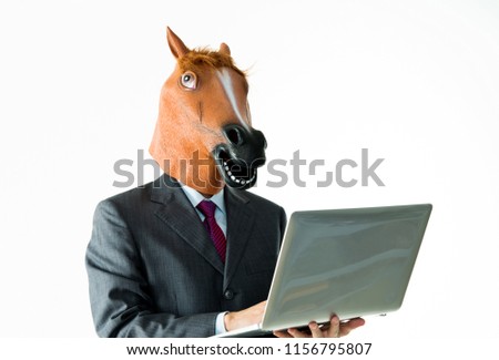 Businessman with head of horse on white background. Royalty-Free Stock Photo #1156795807