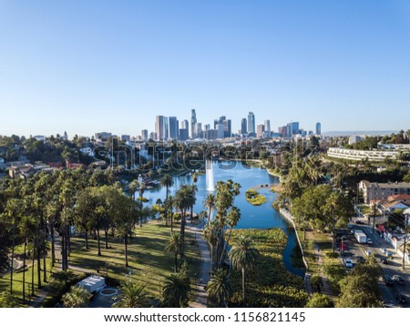 Picture shows a Drone view on Echo Park and the LA Skyline