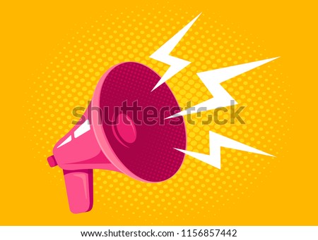 Vector icon of vintage pink megaphone. Vector retro megaphone on halftone yellow background. Royalty-Free Stock Photo #1156857442