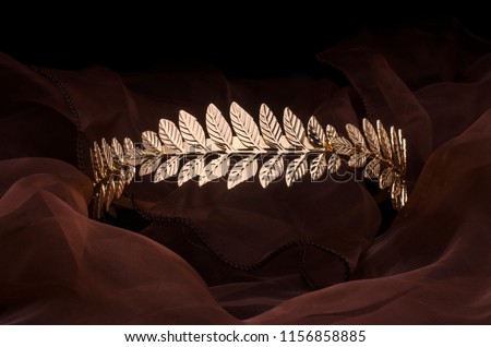 golden laurel wreath headband isolated on the fabric Royalty-Free Stock Photo #1156858885