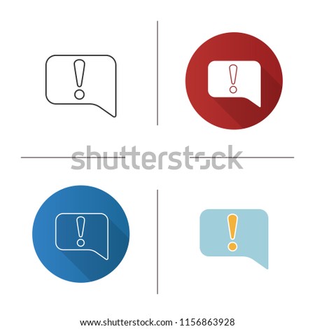 Announcement icon. Notification. Flat design, linear and color styles. Speech bubble with exclamation mark. System error message. Isolated vector illustrations