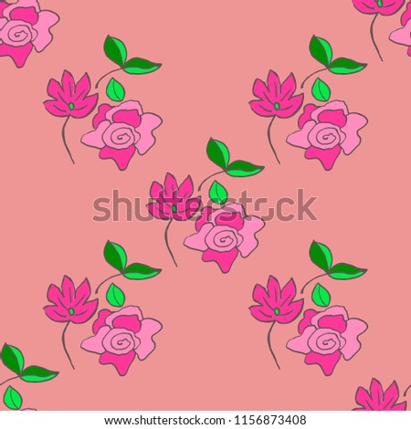 Pink floral endless pattern with fuchsia roses, green leaves, briar for design, fabric, covers, surface, backdrop, silk, wrapping paper. Summer ditsy textile template. Stylish garden set.