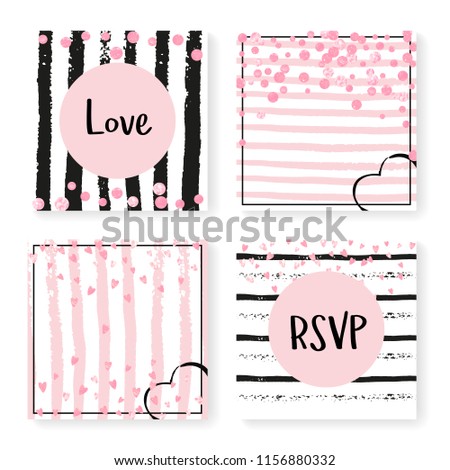 Wedding invite set with glitter confetti and stripes. Pink hearts and dots on black and pink background. Design with wedding invite set for party, event, bridal shower, save the date card.