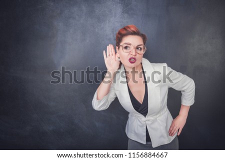 Funny woman eavesdrop on chalkboard blackboard background