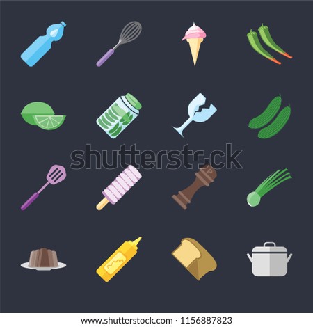 Set Of 16 icons such as Pot, Bread, Mustard, Pudding, Chives, Water, Lime, Spatula, Glass on black background, web UI editable icon pack