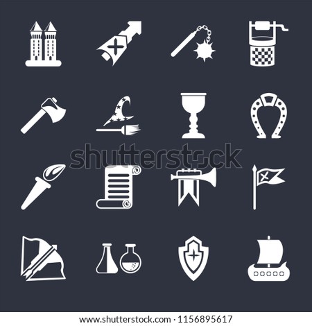 Set Of 16 icons such as Viking ship, Shield, Alchemy, Crossbow, Flag, Tower, Axe, Torch, Goblet on black background, web UI editable icon pack