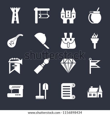 Set Of 16 icons such as House, Scroll, Tools, Sewing machine, Flag, Tower, Lute, Trumpet, Belt pouch on black background, web UI editable icon pack
