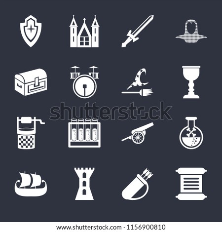 Set Of 16 icons such as Scroll, Quiver, Tower, Ship, Poison, Shield, Chest, Water well, Witch on black background, web UI editable icon pack