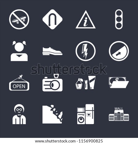 Set Of 16 icons such as Mall, Electrical appliances, Falling rocks, Boy, Wallet, Skateboard, Girl, Open, Electricity on black background, web UI editable icon pack