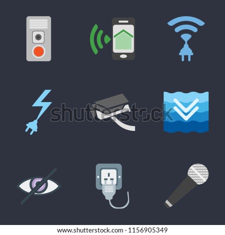 Set Of 9 simple icons such as Microphone, Plug, Blind, Deep, Security camera, Power, Wireless, Smartphone, Intercom, can be used for mobile, pixel perfect vector icon pack on black background