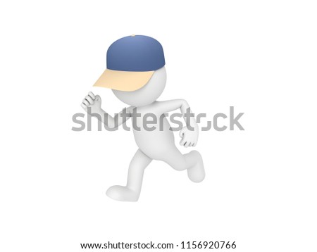 Stick man wearing cap running in 3D rendering.