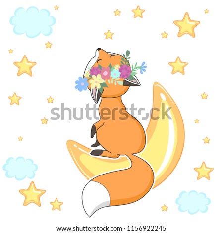 Cute red fox in a flower wreath with moon and stars can be used for baby t-shirt design, fashion print, cards, design element for children's clothes. Vector animal character