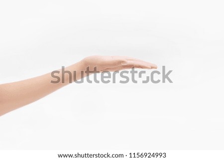 Hand woman on white background concept show.