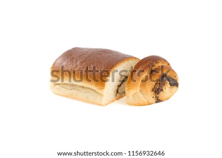 Homemade dough, roll with poppy filling isolated on white background