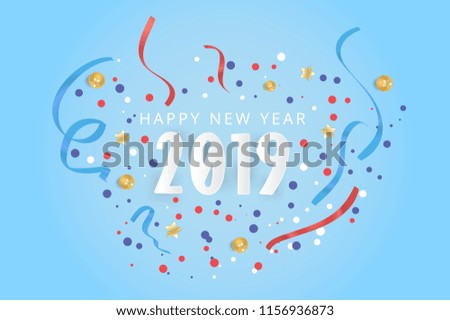 2019 Happy New Year, ribbon and confetti celebration on blue background
