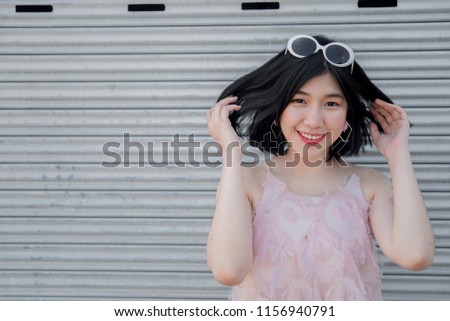 Portrait of beautiful asian chic girl pose for take a picture,Lifestyle of teen thailand people,Modern woman happy concept