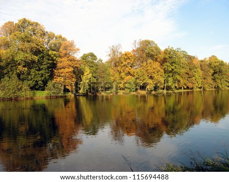 Autumnal trees of different colors on the river shore