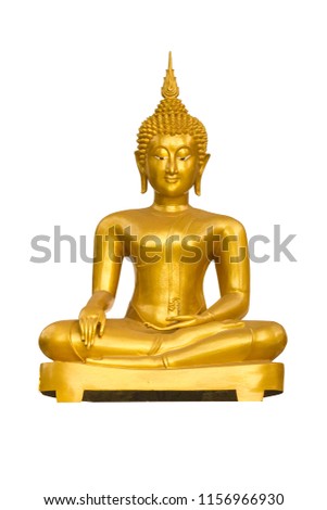 Big golden statue of Buddha on white background. Isolated object