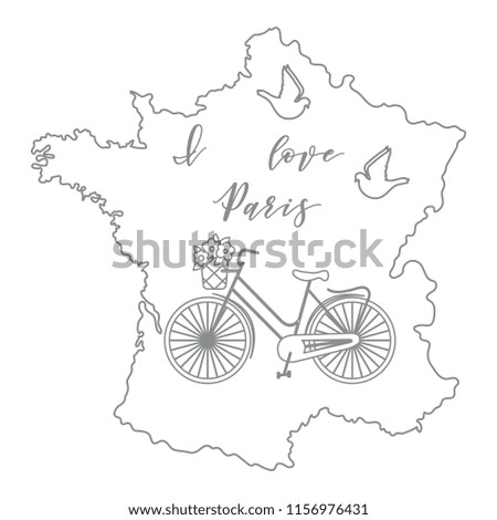 Map of France, bicycle with a basket of flowers, pigeons. Travel and leisure.