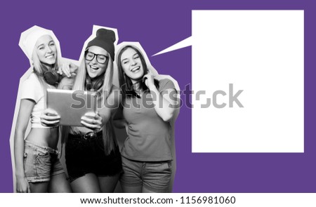 Three girls friends taking selfie with digital tablet, studio shot art collage