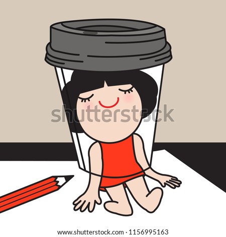 Drawing Of Happy Women Laying On Coffee Mug Concept Card Character illustration