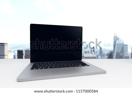 3D Rendering : illustration laptop on table at high workplace office. pc laptop notebook on white table. with skyscraper view from office. soft light color. clipping path included. technology item