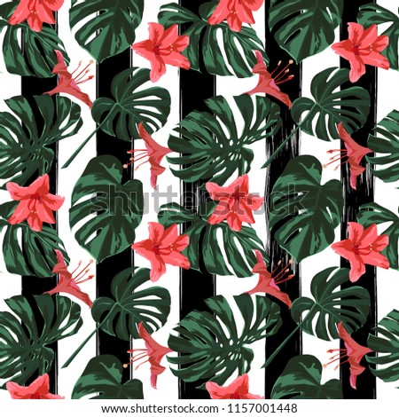 Tropical Print. Jungle Seamless Pattern. Vector Illustration of Tropical Leaves and Flowers. Interior Design Swimwear Design. 
 
