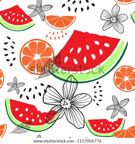 Fashion tropics funny wallpapers. Seamless pattern with watermelon, oranges and flowers on white background. Fruit mix design for fabric and decor.