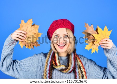 Autumn model. Smiling woman with maple leaves. Autumn mood. Woman with autumn leaf. Yellow maple leaves. Happy woman holds leaves in hand. Copy space. Isolated. Leaves. Autumn sales.